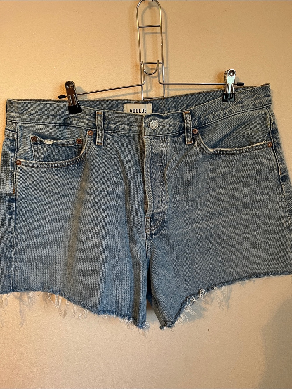 Agolde Light Blue High-Rise Raw Hem Denim Shorts